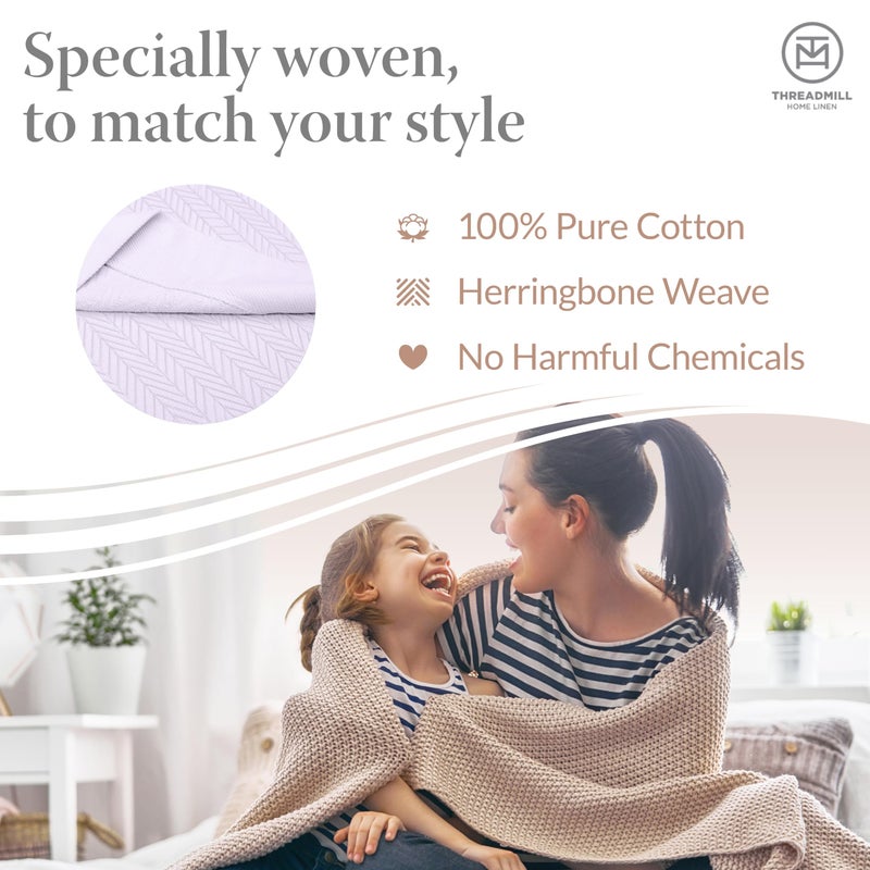 Threadmill Luxury Cotton Blankets for King Size Bed | All-Season Cozy 100% Cotton King Size Blanket | Herringbone Soft Fall Thermal Blanket fits California King Size Bed, 106x92 | Lilac - Image 3